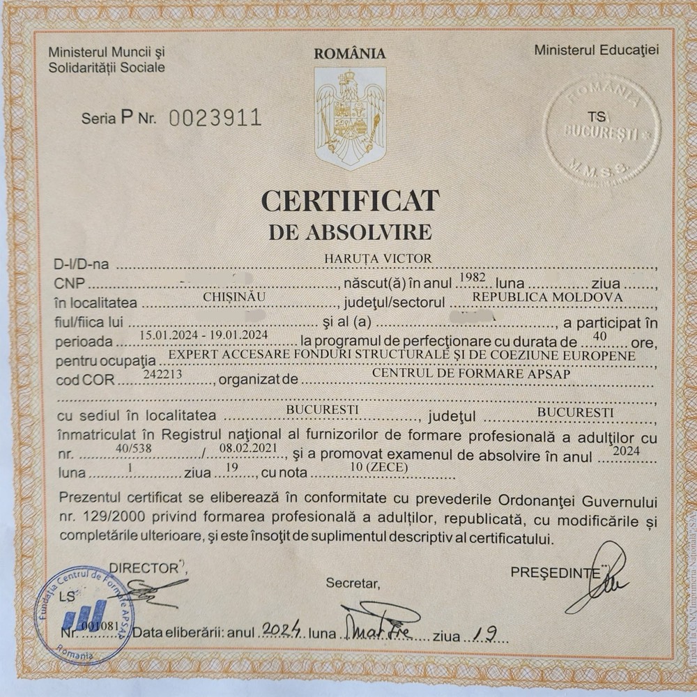 Haruta Advisory CEO Victor Haruta becomes certified expert in attracting European Funds in Romania